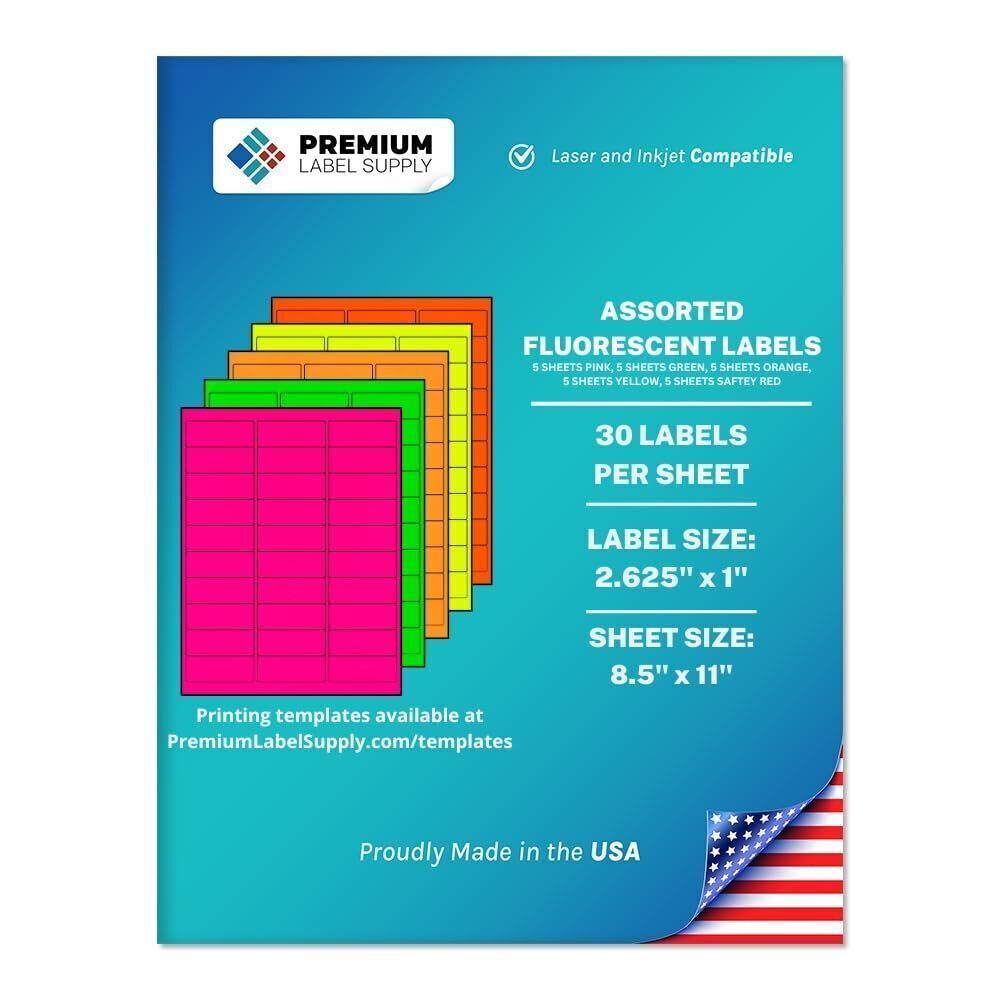 7552 Bright Neon Color Fluorescent Stickers 2.625" x 1" Address Labels